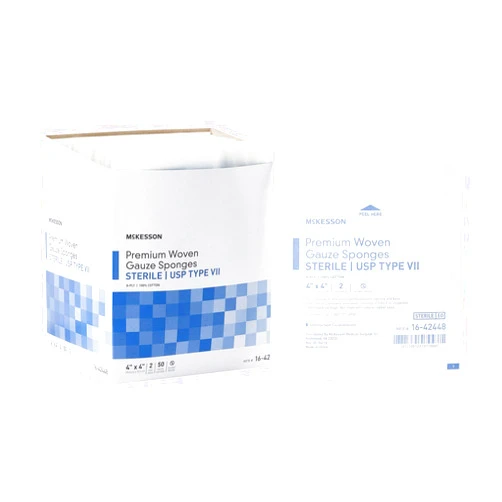 McKesson Premium Woven Gauze Sponges, Sterile, 8-Ply, USP Type VII, 100% Cotton, 4 in x 4 in, 2 per Pack, 50 Packs, 100 Total
