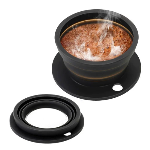 DOFQQG Paperless Collapsible Pour Over Coffee Dripper, Travel Pour Over Coffee Maker Camping with Reusable Metal Filter, Silicone Collapsible coffee filter, Single Cup Coffee Strainer Pour Over Black