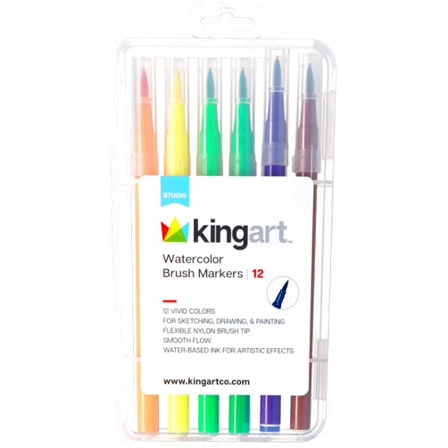 KINGART 'Watercolor-Effect' Brush Markers, 12 Colors - Brightly Colored Markers, Journaling, Lettering, Kids and Adult Coloring Books, and More, Comes with Durable and Convenient Carrying Case