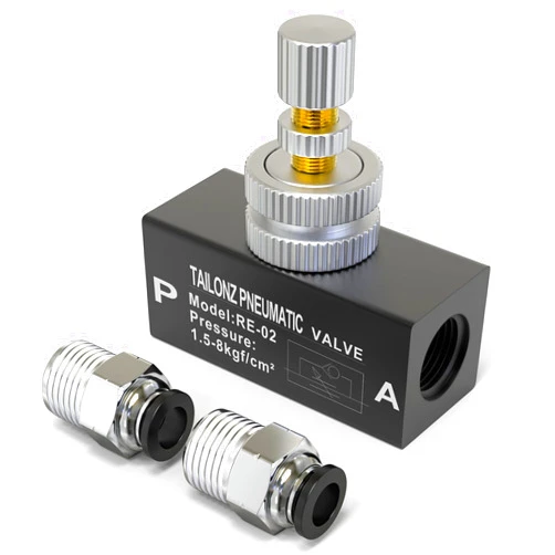 TAILONZ PNEUMATIC 1/4 Inch NPT Air Flow Control Valve with Push-to-Connect Fitting, in-Line Speed Controller Union Straight RE-02