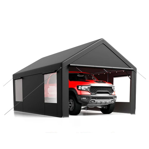 LUCKYBERRY 12'x 20' Heavy Duty Carport with Roll-up Ventilated Windows, Portable Garage with Removable Sidewalls & Doors for Car, Truck, Boat, Car Canopy with All-Season Tarp, Grey