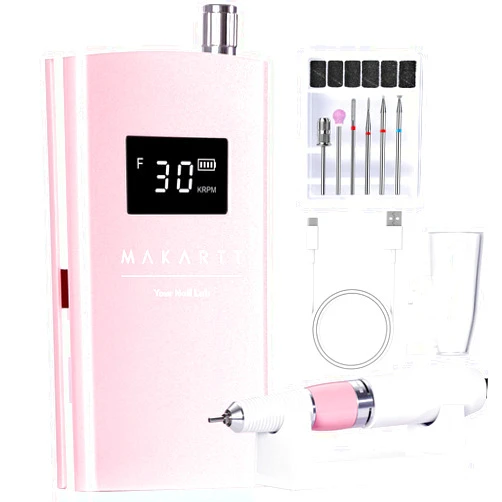 Makartt Electric Nail Drill, 30000RPM Rechargeable E File, Perlarie Pearly Pink Portable Nail Grinder with Drill Bits & Sanding Bands for Manicure Salon Home Use