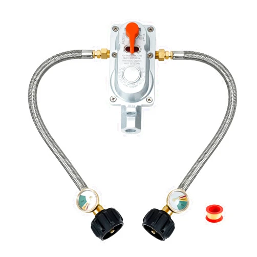 Skyflame 2-Stage Auto Changeover Propane Gas Rv Regulator Kit with 2PCS Gauges and 12-Inch Braided Connection Hoses for Dual Propane Tank RV Trailers Camper