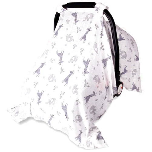 Metplus Baby Car Seat Covers for Boys Girls, Metplus Muslin Infant Carseat Canopy, Lightweight Breathable Newborn Carrier Canopies Stroller Cover, Universal Fit Large Size 47.2 x 35.4 inch, Elephant Giraffe