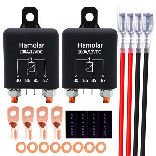 Hamolar 2 Pack 12V 200 Amp Continuous Duty Relay Switch Car Starter Heavy Duty Split Charge 4 Terminal SPST Relays for Truck Boat Marine