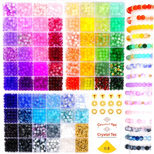Funtopia 6mm Glass Beads for Bracelets, 2700pcs 70 Colors Crackle Glass Beads for Jewelry Making, Funtopia Round Crystal Beads for DIY Necklace Crafts with Spacer Beads, Solid and Floral Colors