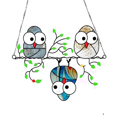 WAGA 3 Bird Stained Glass Window Hangings Cardinal Gifts, Suncatcher for Window Multicolor Red Bird On A Wire Window Panel Decor Series Ornament Home Wall Garden Decoration Bird Love Gifts