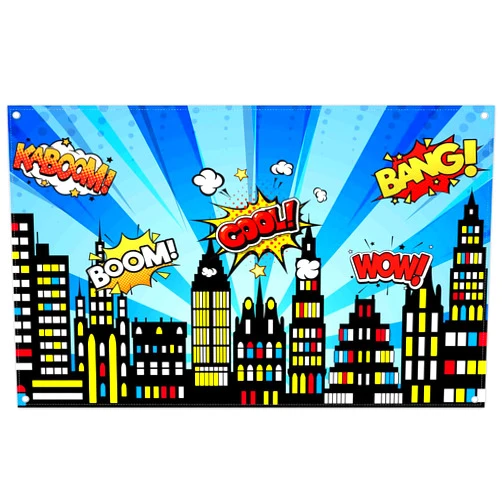 ZTHMOE 72x43inch Superhero Cityscape Backdrop American Comics Style Building Scenes Photography Background Birthday Party Cake Table Decorations Banner Photo Prop