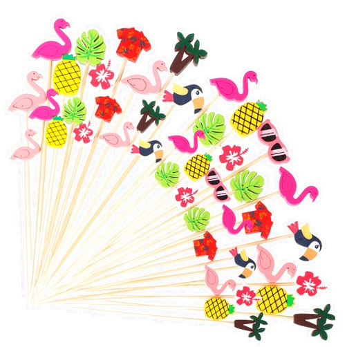 Patelai Hawaiian Luau Assorted Picks Tropical Cocktail Bamboo Toothpicks Flamingo Pineapple Beach Toucan Palm Leaf Handmade for Appetizers Food Drinks Luau Hawaii Beach Holiday Party Supplies (100 Pieces)