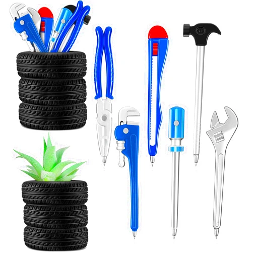 Zonon 6 Pcs Novelty Tool Pens Set with 2 Pcs Tire Shaped Pen Holder Writing Ballpoint for Man Desk Home Office Gift Accessories Organizer Tire Succulent Cactus Planter Pot Decoration