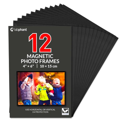 Labphant 12 Pack 4x6 Inch Magnetic Picture Frames; Photo Pocket Frames with White Borders for Fridge 4 x 6 Inch Great for Displaying Pics on The Refrigerator (Black) (4