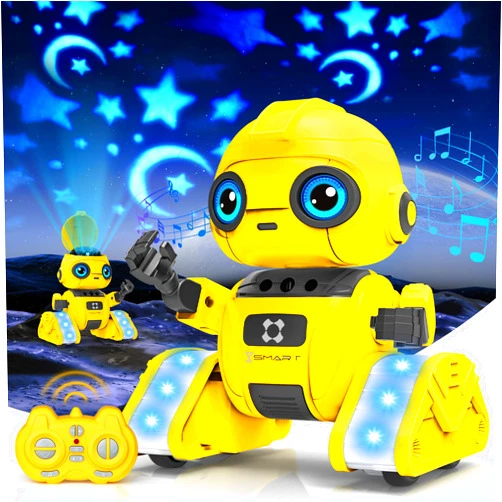 Flybakiz Robot Toys for Boys Girl, Rechargeable Remote Control Robot with Star Projector, Auto-Demonstration, Gesture Sensing, Dance Moves, Music, Kids Toy Robot Gifts for 3,4,5,6 7 8 year old(Yellow)