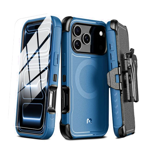 M MYBAT PRO for iPhone 17 Pro Case with Belt Clip Holster,[Compatible with Magsafe] w/Screen Protector,Anti-Drop,Shockproof,w 360°Rotating Kickstand,Heavy Duty Protection (Blue)