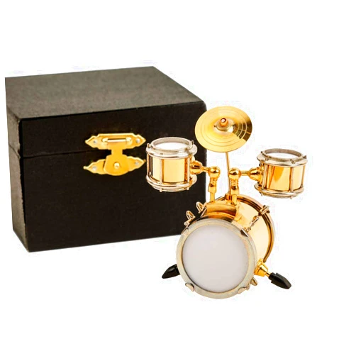 Dselvgvu Miniature Drum with Case - Gold, Mini Percussion Musical Instrument - Mini Drum - Miniature Dollhouse Model - Christmas Ornament and Gift