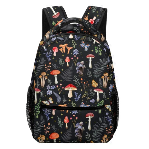 KAFFUL Mushroom Backpack for Girls Women, Vintage Forest Mushroom with Leaf Floral Flowers Butterfly Backpack for Kids, 16.5 inch Laptop Backpacks Bookbags for School Travel, Balck Starry Stars