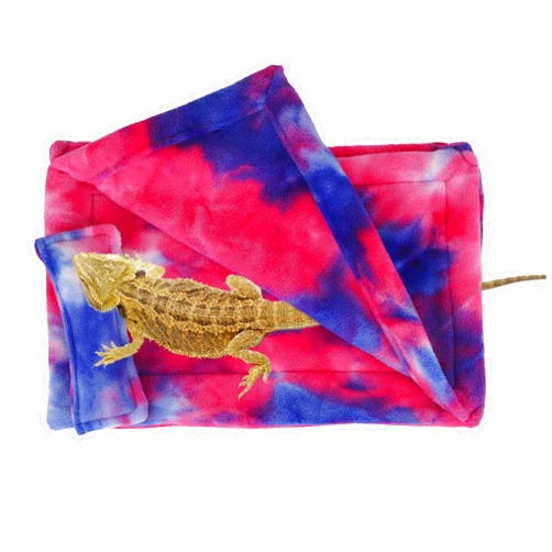 ADOGGYGO Bearded Dragon Bed with Pillow Blanket, Bearded Dragon Tank Accessories Lizard Hide Habitat Shelter, Warm Sleeping Bag with Cover for Bearded Dragon, Leopard Gecko, Lizard (Pink & Blue)
