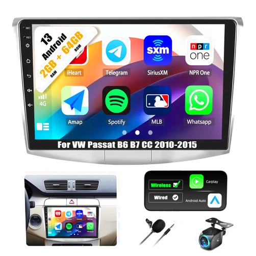 OiLiehu 2+64G Android 13 Car Stereo for VW Passat B6 B7 CC 2010-2015 with Wireless Carplay Android Auto,9” Touchscreen VW Passat Car Radio with Mirror Link WiFi/GPS Navigation Bluetooth FM/RDS SWC+Rear Camera