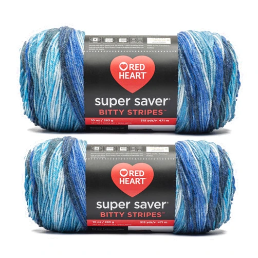 Red Heart Super Saver Bitty Stripes Horizon Yarn - 2 Pack of 10oz/283g - 100% Acrylic - #4 Worsted (Medium) - 515 Yards - Knitting/Crochet