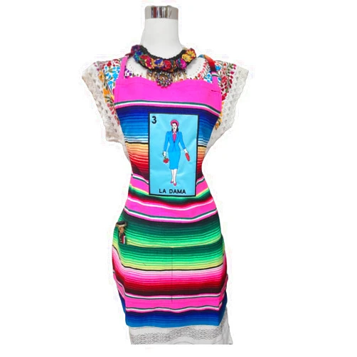 A&C Quinceañeras and More Mexican Sarape Aprons, Loteria Theme, for Cooking, Baking, and Serving Mandiles de sarape con personajes de loteria (La Dama)