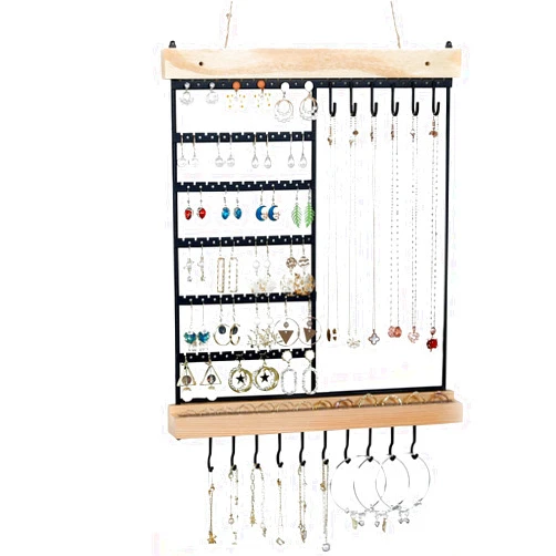 Feyejade Hanging Jewelry Organizer, 6-Tier Wall Earring Holder with Wooden Ring Groove, Jewelry Rack Wall Mounted for Earrings, Necklaces, Bracelets and Rings, Jewelry Holder Stand