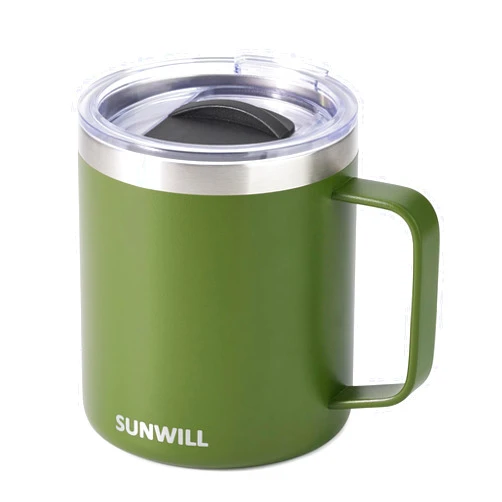 SUNWILL Coffee Mug with handle and lid 14oz, Insulated Camping Mug, Double Wall Stainless Steel Travel Tumbler Cup, Reusable Coffee Cup Outdoor, Powder Coated Olive