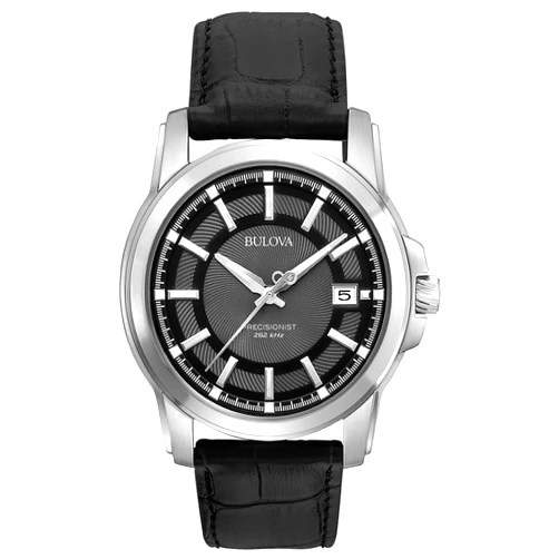 Bulova Men's Precisionist 3-Hand Calendar in Stainless Steel with Black Leather Strap and Black Patterned Dial Style: 96B158