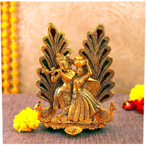 Orbit Art Gallery Radha Krishna Idol with Mutki Diyas and Pebbles- Home Decoration Item and Home Gifts - 8 Inches