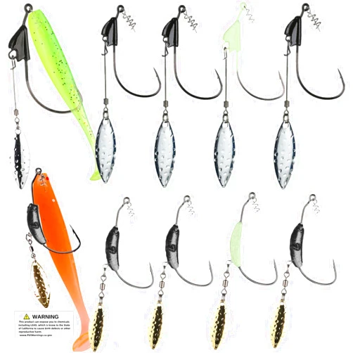 DAMIDEL 10Pcs/Box（2 Models Mixed） Jig Heads Swimbait Fishing Hooks,Worms Senko Soft Bait Weighted Hooks Set with Lead Weighted Hooks/Spinner Blades/Twistlock/Luminous, 1/5 oz 1/4oz 1/3oz 2/5oz