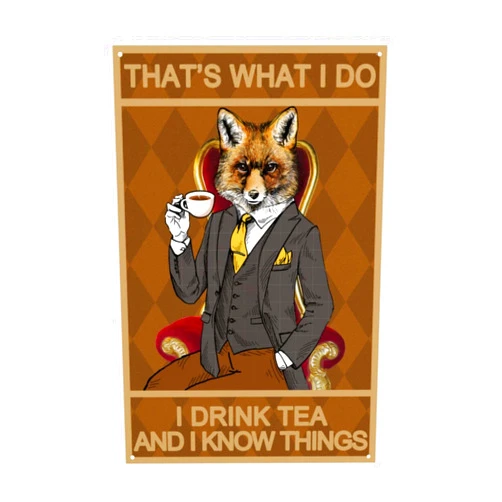 bassyil Fox Drink Tea Tin Sign Vintage Poster Tin Painting Metal Sign Decor Iron Plating 8x12in