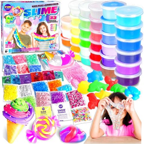 FUN KIDZ 33 Cups Jumbo Slime Kit for Kids, FunKidz Premade Ultimate Slime Pack to DIY Soft, Cloud, Clear, Butter, Glitter, Glow in Dark Slime Making Kits Super Slime Party Favors Gift Toys for Girls and Boys