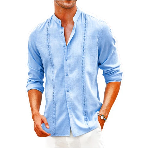 COOFANDY Men's Cuban Guayabera Shirts Casual Long Sleeve Button Down Shirts Band Collar Linen Summer Beach Shirts