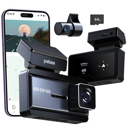 Pelsee 4K Dash Cam Front and Rear, 64GB SD Card, Pelsee 4K+1080P Dual Dash Camera for Cars with Wi-Fi, GPS, ADAS, BSD, 3’’ IPS Display Car Camera, APP & Voice Control, Night Vision, 24H Parking Mode