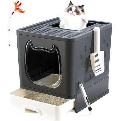 Gefryco Cat Litter Box with Lid, Top Entry Litter Box with Controlled Access, Covered Enclosed Cat Potty Odor Control, Kitten Litter Box for Small to Medium Cats, Scoop and Clean Brush Included(Black)