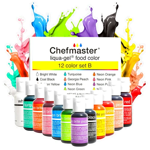 Chefmaster - Liqua-Gel Food Coloring - 12 Color Set B - Fade Resistant - 12 Pack - Vibrant, Eye-Catching Colors, Easy-To-Blend Formula, Fade-Resistant - Made in the USA