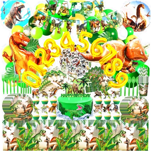 Helowana 397 PCS Dinosaur Birthday Decorations - Dino Theme Birthday Party Supplies Serves 20 Guests - Include Balloons, Tablecloth, Cake Topper, Paper Plates, and More Dinosaur Party Decorations for Kids