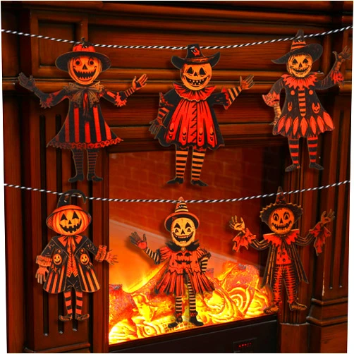 Wonderjune 6.56 ft Halloween Decorations Halloween Vintage Pumpkin Garland Wooden Spooky Pumpkin Hanging Decorations Halloween Banner Photo Booth Backdrop for Halloween Party Wall Decor