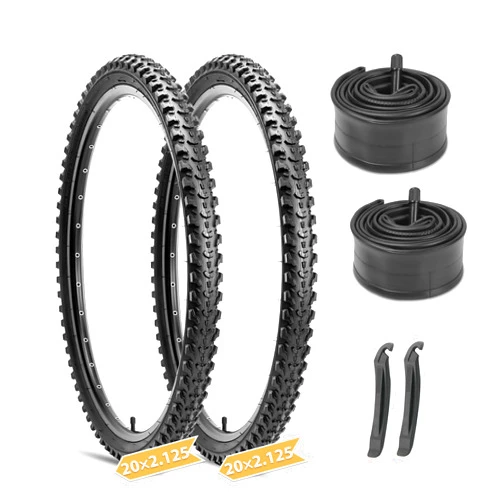 Hycline Mountain Bike Tires Set: 2-Pack 20/24/26x2.125 Inch Folding Replacement High-Density Bicycle Tires and Pair Inner Tubes with Tire Levers Compatible for Street & Off-Road Riding