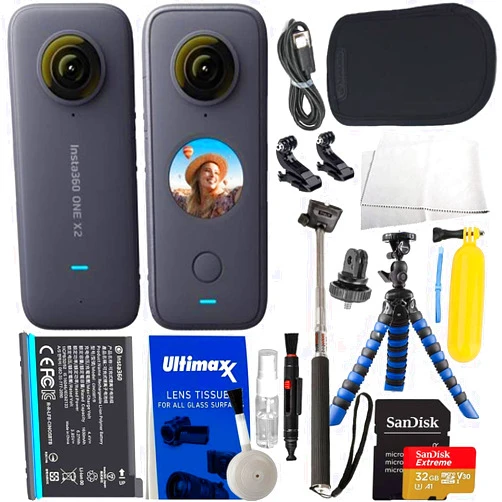 Insta360 ONE X2 with Action Bundle: Bundle Includes – SanDisk 32GB Extreme MicroSDHC Card, Selfie Stick/Monopod, Floating Hand Grip, 12” Gripster Tripod, Insta360 Carrying Case, and Much More