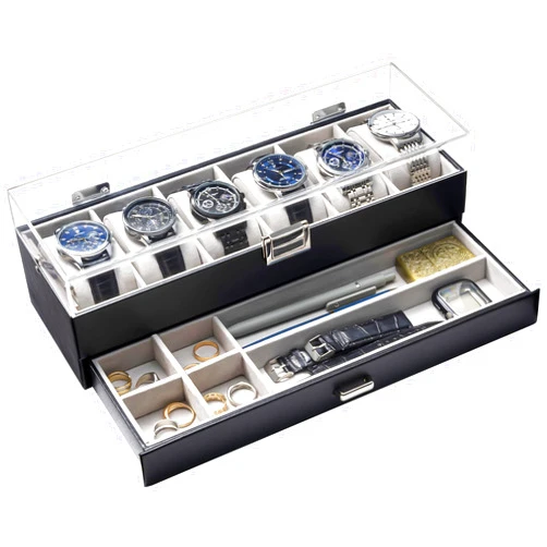 ProCase Watch Case for Men, 6 Slot Watch Display Case With Clear Acrylic Lid, Mens Watch Box Organizer With Drawer, 2-Layer Jewelry and Watch Storage Holder for Men Women -6 Slot, Black