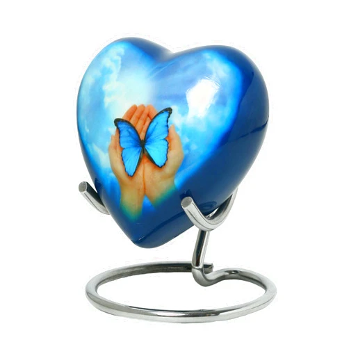 THE ASCENT MEMORIAL Blue Butterfly Small Love Heart Urn for Human Ashes Remains - Funeral Gift Set of Mini Heart Urn - Display Stand - Velvet Carry Bag - A Paper Funnel - Magnetic Closure Gift Box
