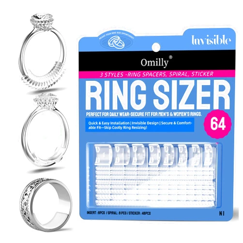 Omilly Ring Sizer Adjuster for Loose Rings, 64-Piece Set with 3 Types (Spiral Coils, Ring Guards, Sizing Strips) Fits Ring Widths 1-10mm, Invisible Resizing Solution for Women & Men