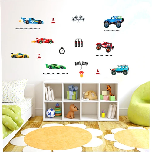 PLIGREAT 2 Sheets Colorful Racing Cars Wall Decals Peel and Stick DIY Cool Off-Road Vehicles Theme Wall Stickers for Boys Bedroom Playroom Nursery Wall Decor Home Decorative Birthday Festival Gifts