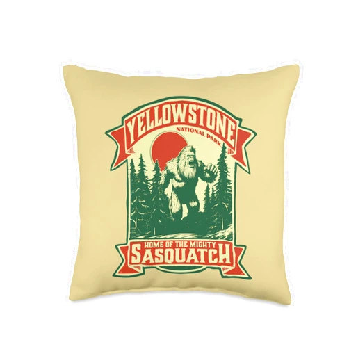 Yeti Habitation Project - Bigfoot & Sasquatch Art Yellowstone Park Home of The Mighty Sasquatch Bigfoot Retro Throw Pillow, 16x16, Multicolor