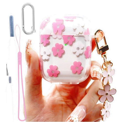 GAFKIDFO Pink Floral for AirPods 2 Case 1st Generation Clear Cover 2021, Cute Flower Pendant, Cleaning Pen Strap Accessories Set, Transparent Soft TPU Full Protective for AirPods Case Skin for Girl Women
