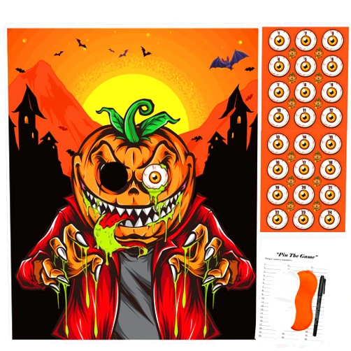 Pin the sticker game Halloween Games Pin The Eyeball on The Pumpkin Party Games for Halloween Carnival Party Decorations Supplies Funny Family Games