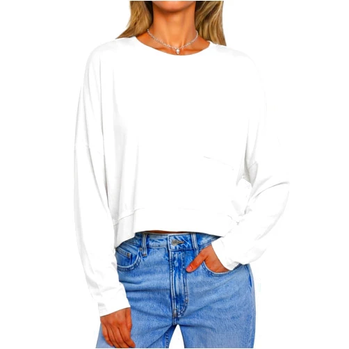 Tankaneo Womens Cropped Long Sleeve Shirts Trendy Casual Boxy Fall Tops Loose Fit Crew Neck Tees T-Shirt