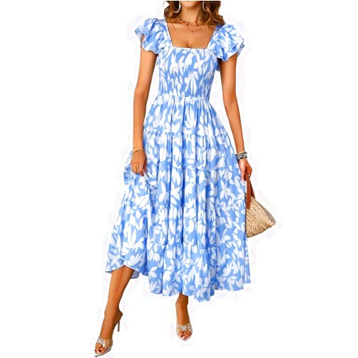 BQEC Women's Boho Summer Floral Print Square Neck Ruffle Sleeve Off The Shoulder Flowy Beach Midi Dress