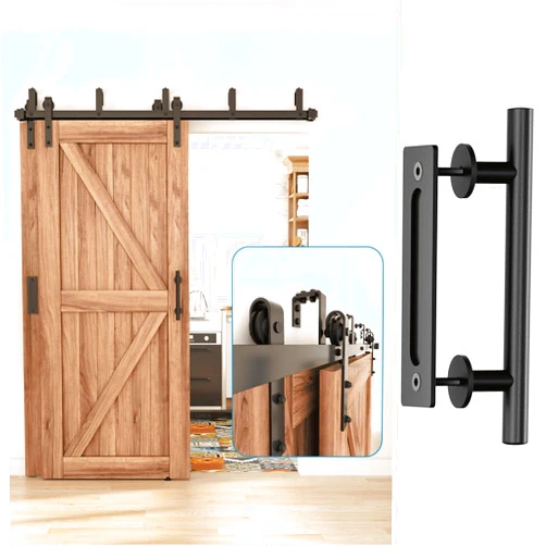 ZEKOO 12FT Double Track Bypass Sliding Barn Door Hardware Kit with 12'' Two-Side Design Black Handle Hardware