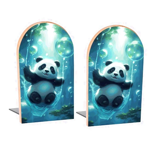 Famame Panda Bubbles Book Ends Decorative Wood Bookends for Shelves Kids Room Desk Home Office Book Stoppers for Magazines,Books, DVDs, 1 Pair/2 Pieces(5x3.1 in)