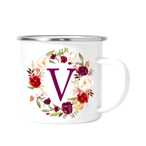 Andaz Press Stainless Steel 11oz. Campfire Coffee Mug Gift, Fall Autumn Burgundy Marsala Floral Wreath Monogram Initial Letter V, 1-Pack, Christmas Birthday Camping Camp Cup, Includes Gift Box